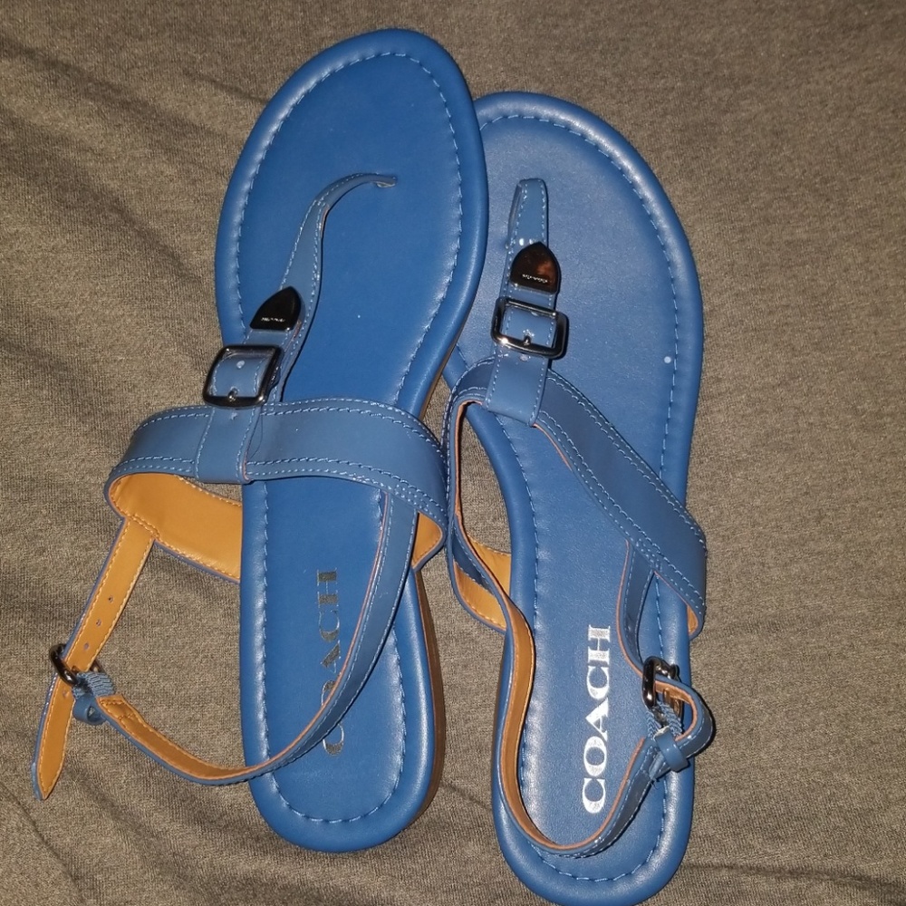 Blue coach T-strap sandals